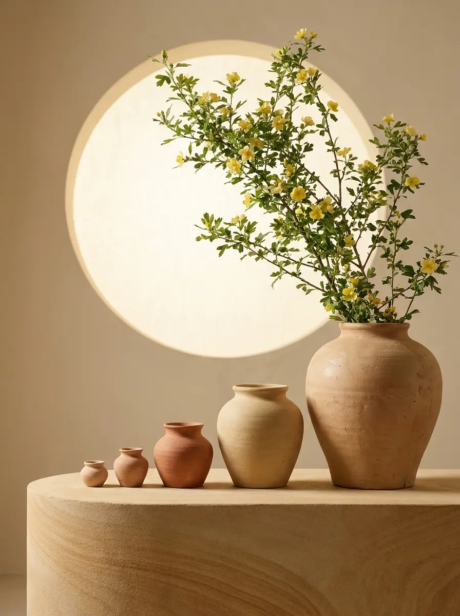 A progression of handcrafted clay vessels leading to a flowering plant