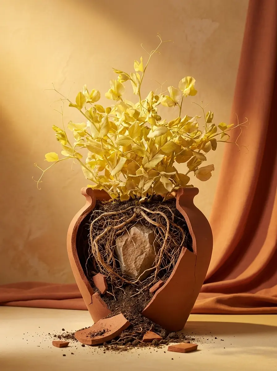 A broken terracotta vessel revealing deep roots beneath a living plant